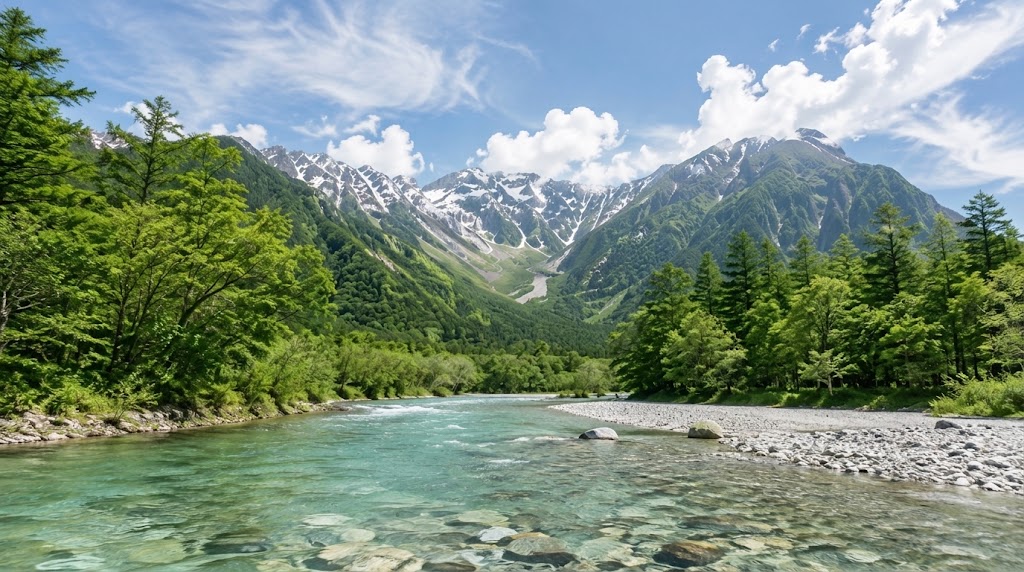緑の森と澄んだ川、その先に広がる山並み